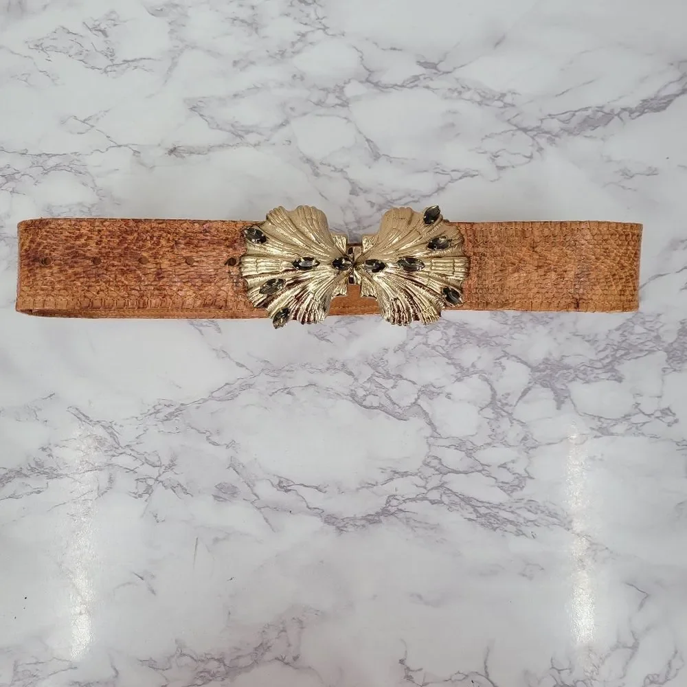 Vintage Snakeskin Leather Belt with Gold Toned Shell Buckle with Smokey Gems